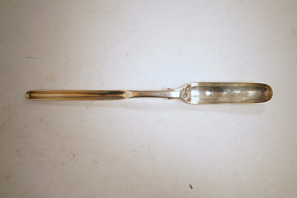 A George II silver marrow scoop, maker's mark rubbed, London, 1743, 21.3cm.